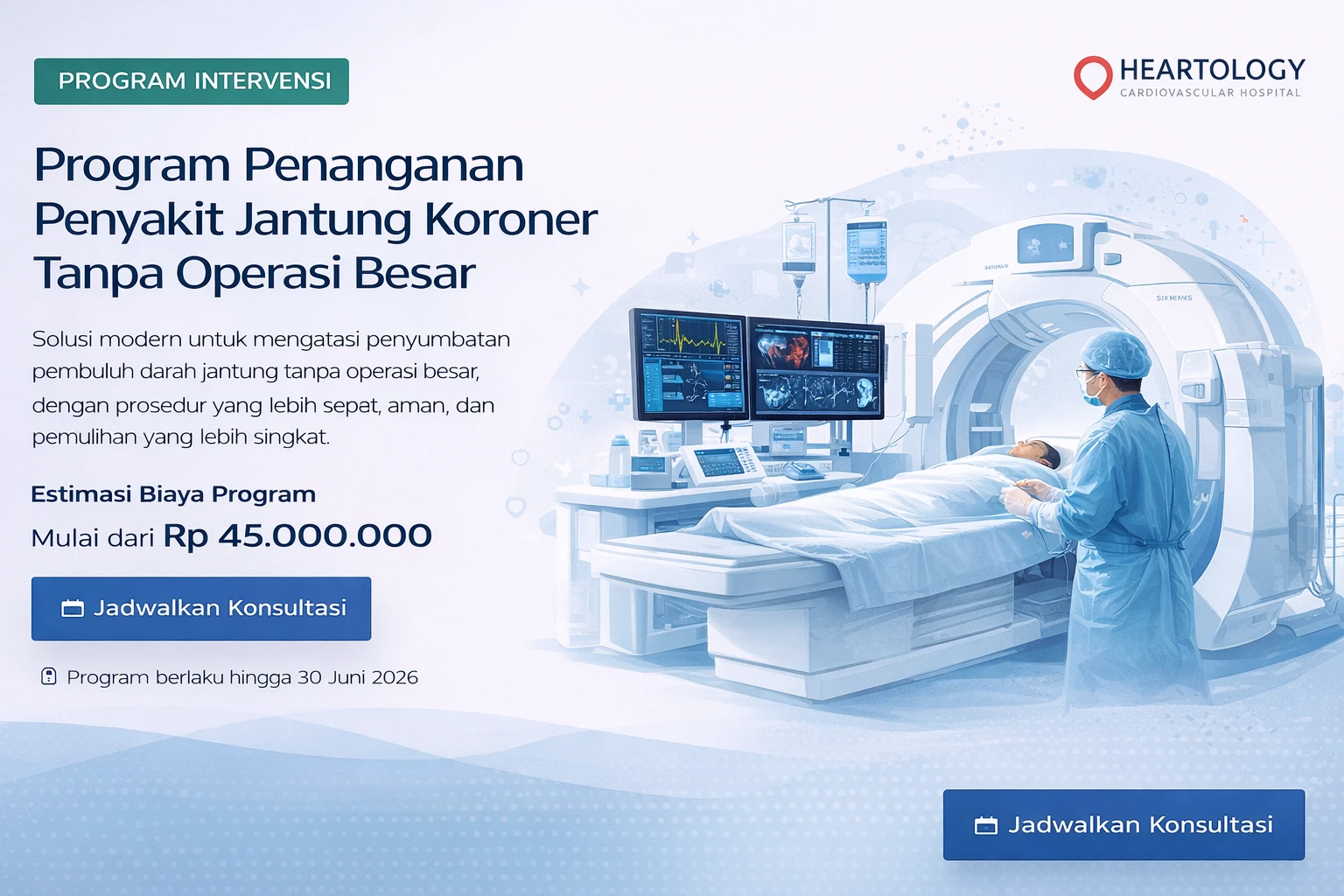 Ilustrasi prosedur penanganan penyakit jantung koroner tanpa operasi besar menggunakan teknologi medis modern di Heartology Cardiovascular Hospital