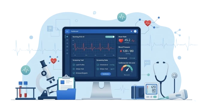 Ilustrasi dashboard kesehatan digital yang menampilkan grafik EKG, detak jantung, tekanan darah, dan risiko kardiovaskular pada layar komputer, dikelilingi alat medis seperti stetoskop, mikroskop, dan alat pengukur tekanan darah.