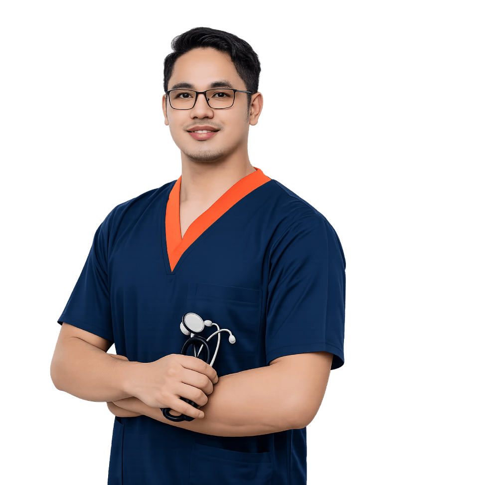 Dokter Indonesia mengenakan scrubs biru dengan stetoskop, tampilan profesional untuk layanan kesehatan kardiovaskular modern.