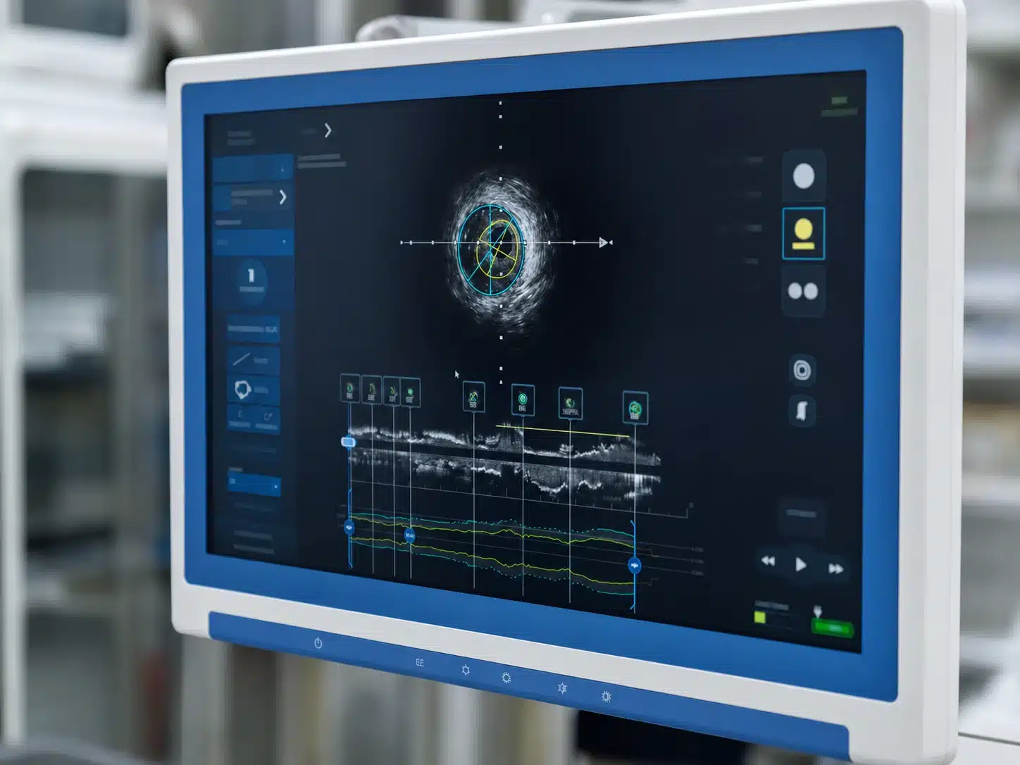 Monitor medis menampilkan teknologi IVUS untuk pencitraan intravaskular pembuluh darah koroner dalam tindakan kardiologi intervensi.