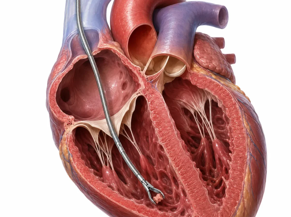 Ilustrasi medis prosedur endomyocardial biopsy (EMB) yang menunjukkan kateter bioptome memasuki jantung melalui vena besar, melewati atrium kanan dan katup trikuspid menuju ventrikel kanan untuk mengambil sampel jaringan otot jantung pada pemeriksaan diagnostik kardiovaskular.