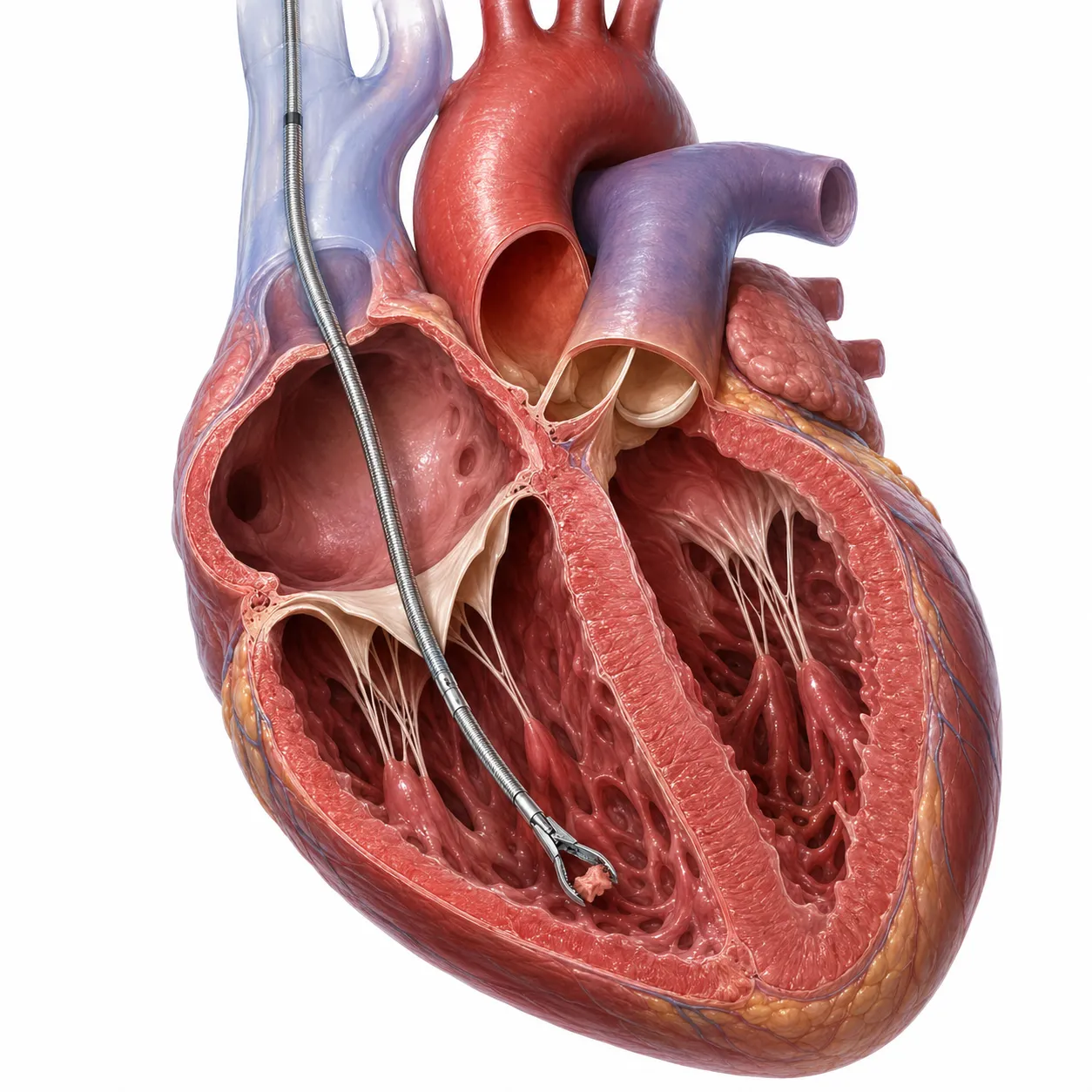 Ilustrasi medis prosedur endomyocardial biopsy (EMB) yang menunjukkan kateter bioptome memasuki jantung melalui vena besar, melewati atrium kanan dan katup trikuspid menuju ventrikel kanan untuk mengambil sampel jaringan otot jantung pada pemeriksaan diagnostik kardiovaskular.