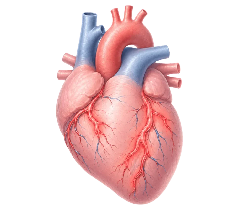 Ilustrasi anatomi jantung anak dengan pembuluh darah koroner dan aksen visual medis Heartology Heart Wellness.