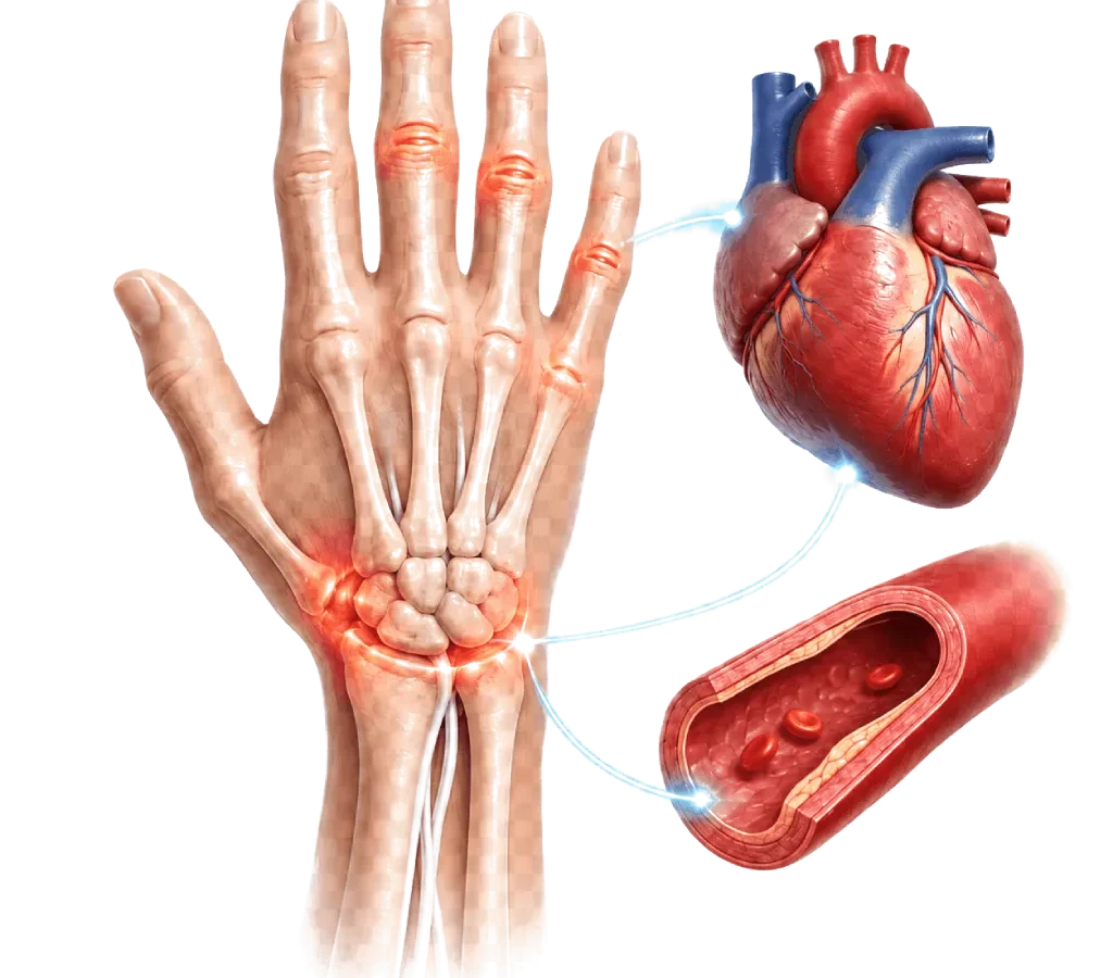 Ilustrasi rheumatoid arthritis pada sendi tangan dengan visual jantung dan pembuluh darah untuk edukasi kaitannya dengan kesehatan kardiovaskular.