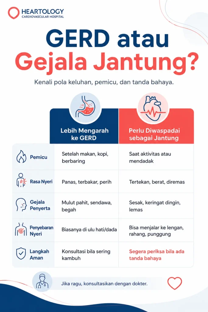 Infografis medis berbahasa Indonesia dari Heartology Cardiovascular Hospital berjudul “GERD atau Gejala Jantung?” yang membandingkan pola keluhan GERD dan gejala jantung, termasuk pemicu, rasa nyeri, gejala penyerta, penyebaran nyeri, dan langkah aman saat mengalami nyeri dada.
