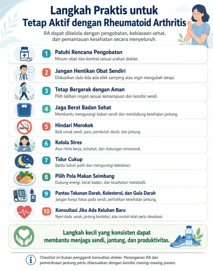 Infografis medis berbahasa Indonesia tentang langkah praktis untuk tetap aktif dengan rheumatoid arthritis, termasuk patuh minum obat, tetap bergerak aman, menjaga berat badan, tidak merokok, tidur cukup, mengelola stres, pola makan seimbang, serta memantau tekanan darah, kolesterol, dan gula darah.