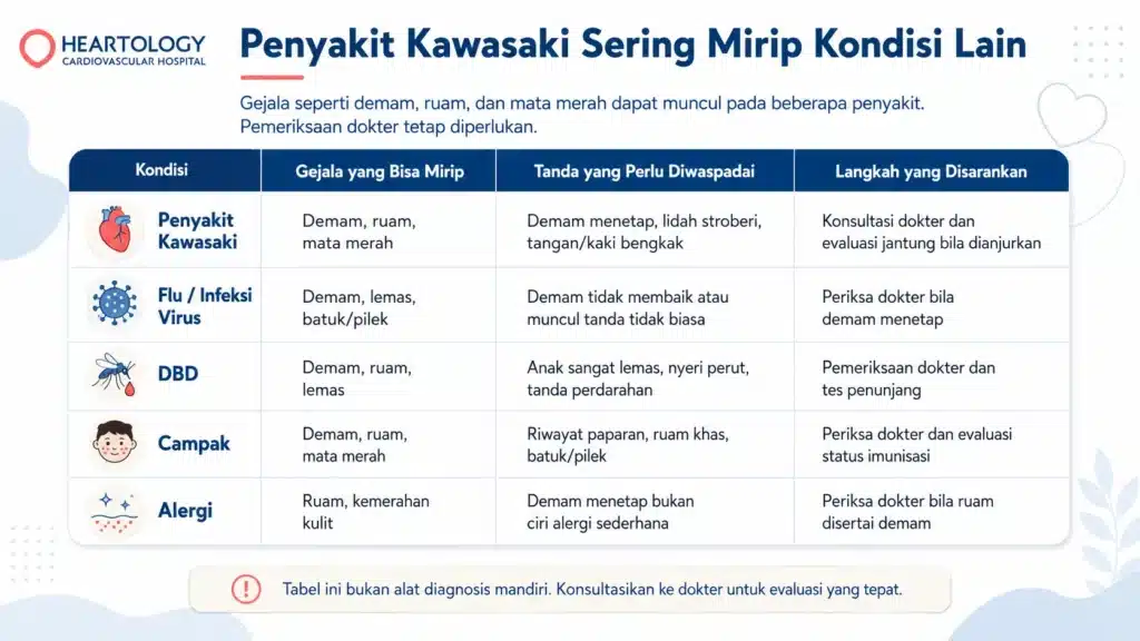 Infografis tabel perbandingan penyakit Kawasaki dengan flu atau infeksi virus, DBD, campak, dan alergi, mencakup gejala yang mirip, tanda yang perlu diwaspadai, serta langkah yang disarankan.