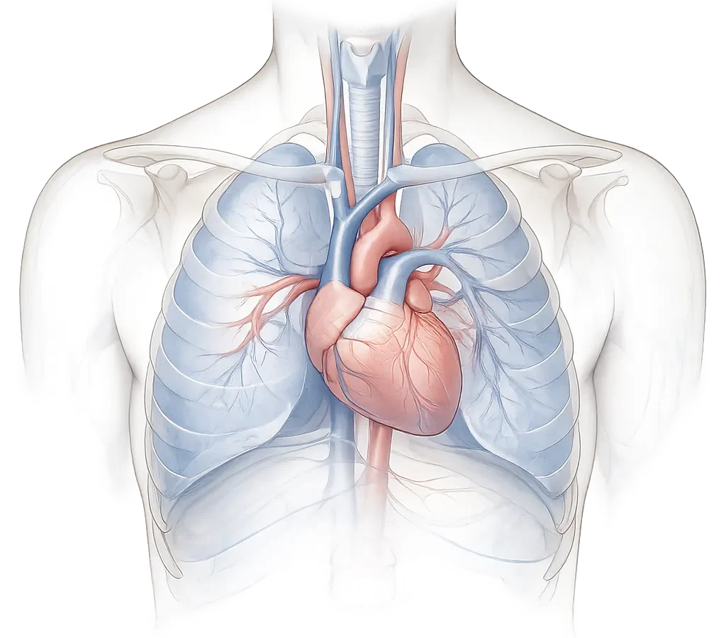 Ilustrasi anatomi thorax dengan paru-paru, jantung, trakea, bronkus, pembuluh darah besar, tulang rusuk, dan diafragma.