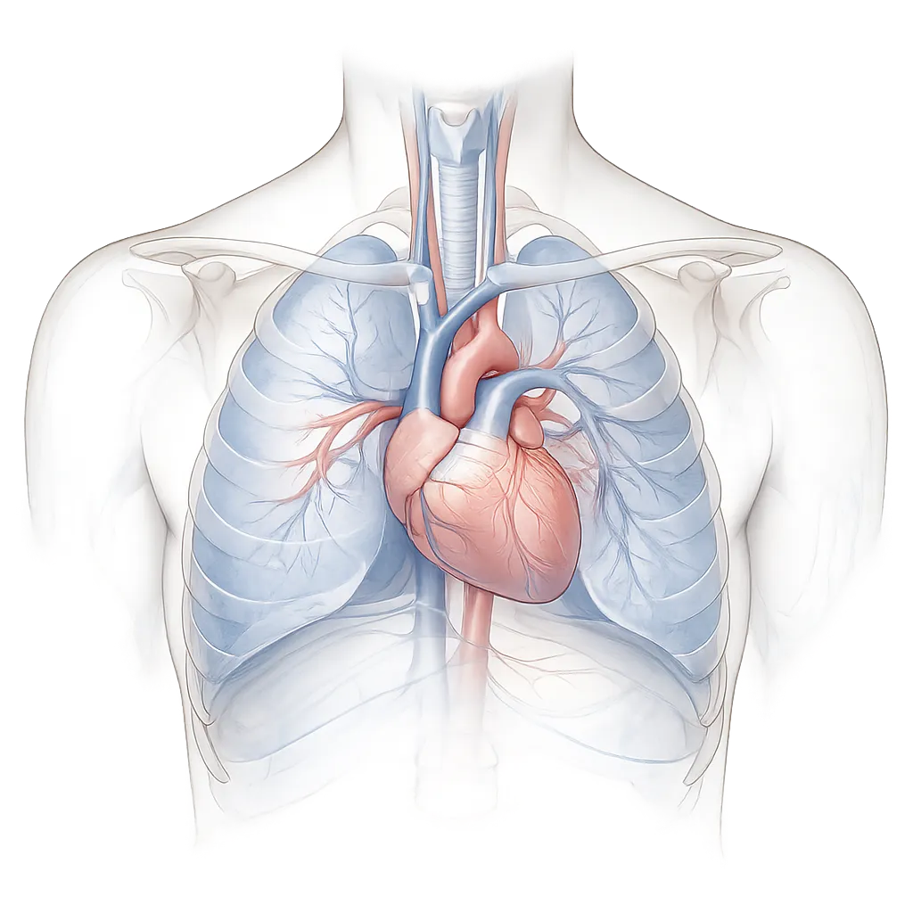 Ilustrasi anatomi thorax dengan paru-paru, jantung, trakea, bronkus, pembuluh darah besar, tulang rusuk, dan diafragma.