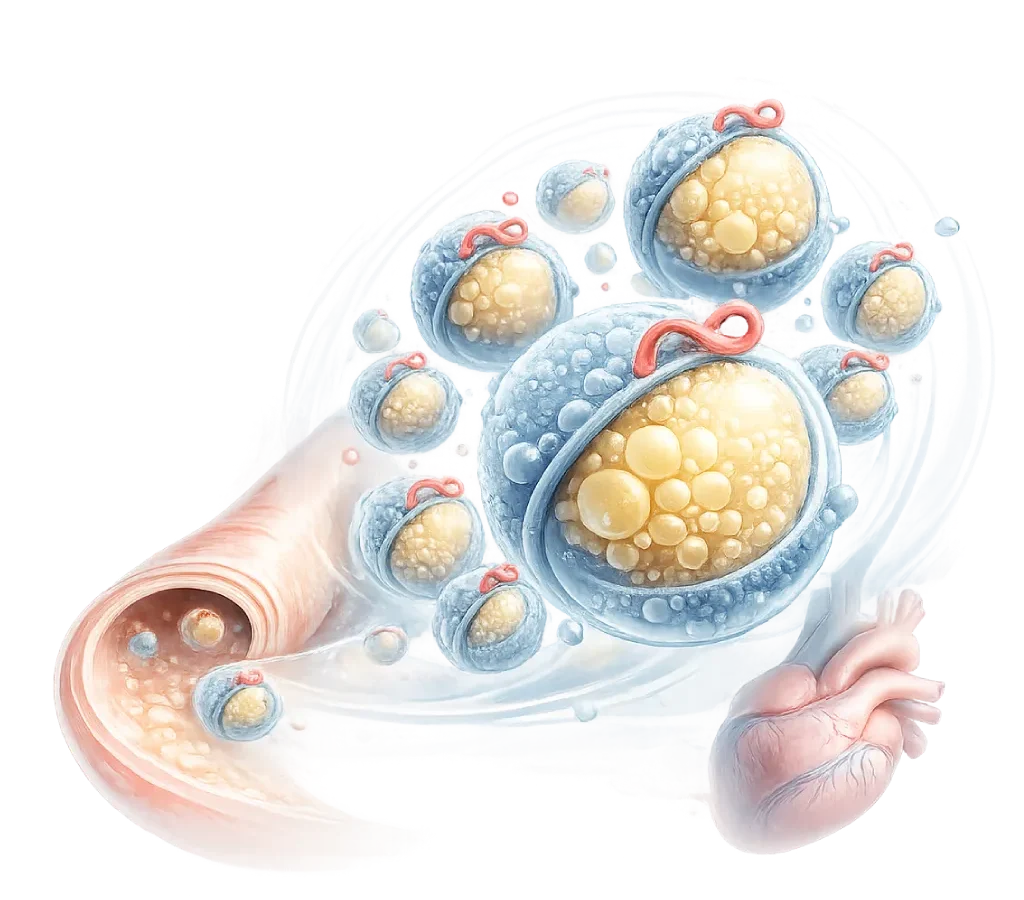 Ilustrasi partikel lipoprotein pembawa ApoB dengan ukuran dan muatan lipid berbeda, disertai pembuluh darah dan jantung anatomis.