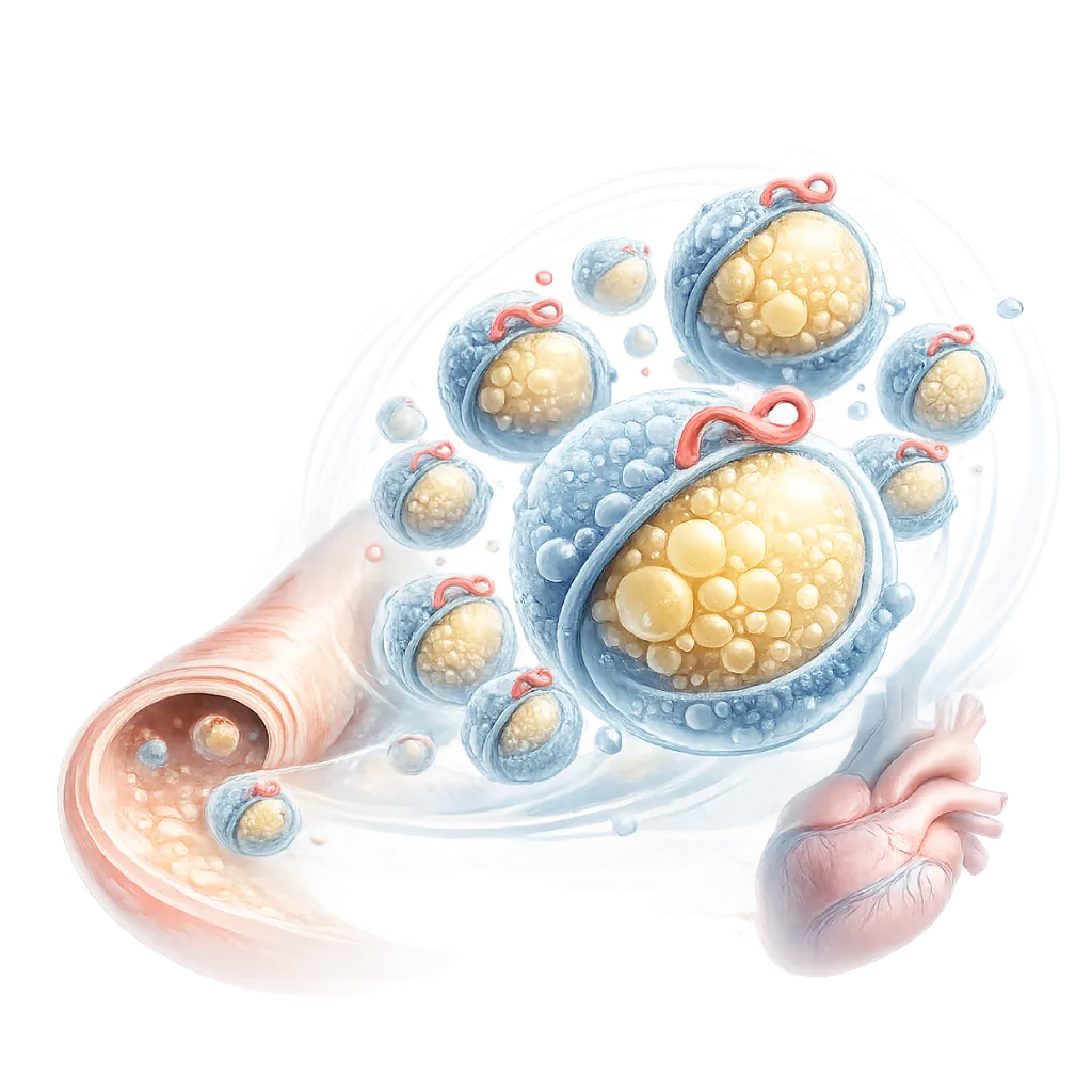Ilustrasi partikel lipoprotein pembawa ApoB dengan ukuran dan muatan lipid berbeda, disertai pembuluh darah dan jantung anatomis.