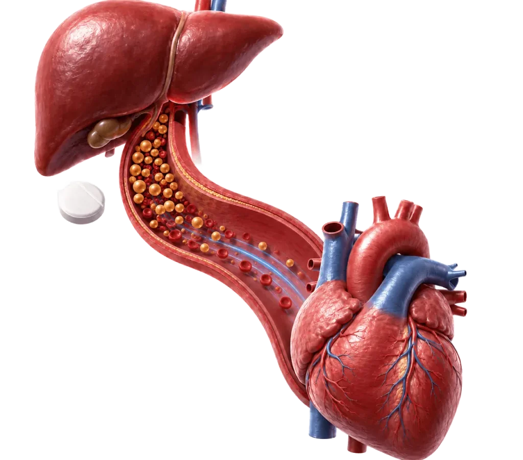 Ilustrasi medis 3D hati, partikel kolesterol LDL, pembuluh arteri, tablet statin, dan jantung yang menjelaskan cara kerja statin dalam membantu menurunkan LDL dan mengelola risiko kardiovaskular.