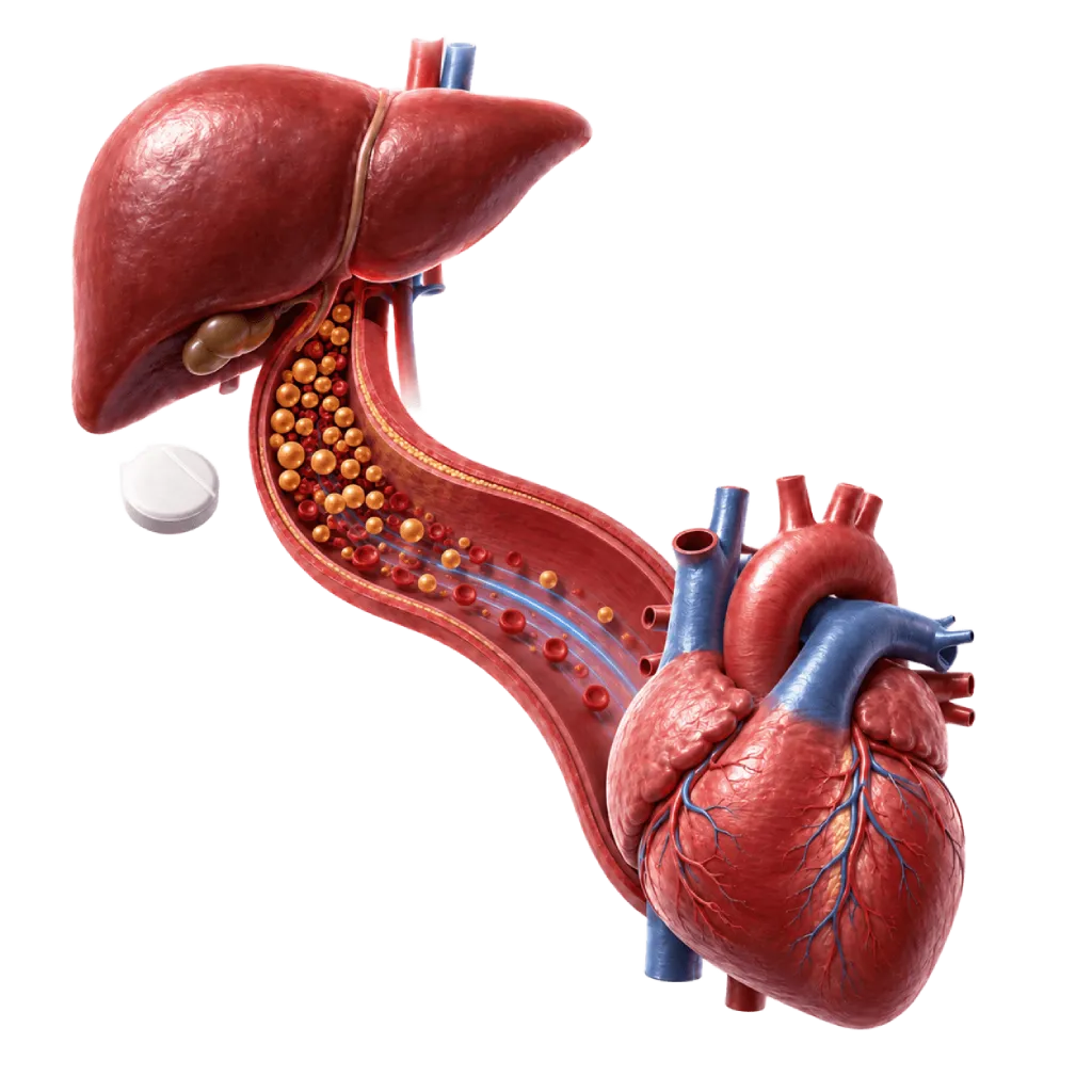 Ilustrasi medis 3D hati, partikel kolesterol LDL, pembuluh arteri, tablet statin, dan jantung yang menjelaskan cara kerja statin dalam membantu menurunkan LDL dan mengelola risiko kardiovaskular.