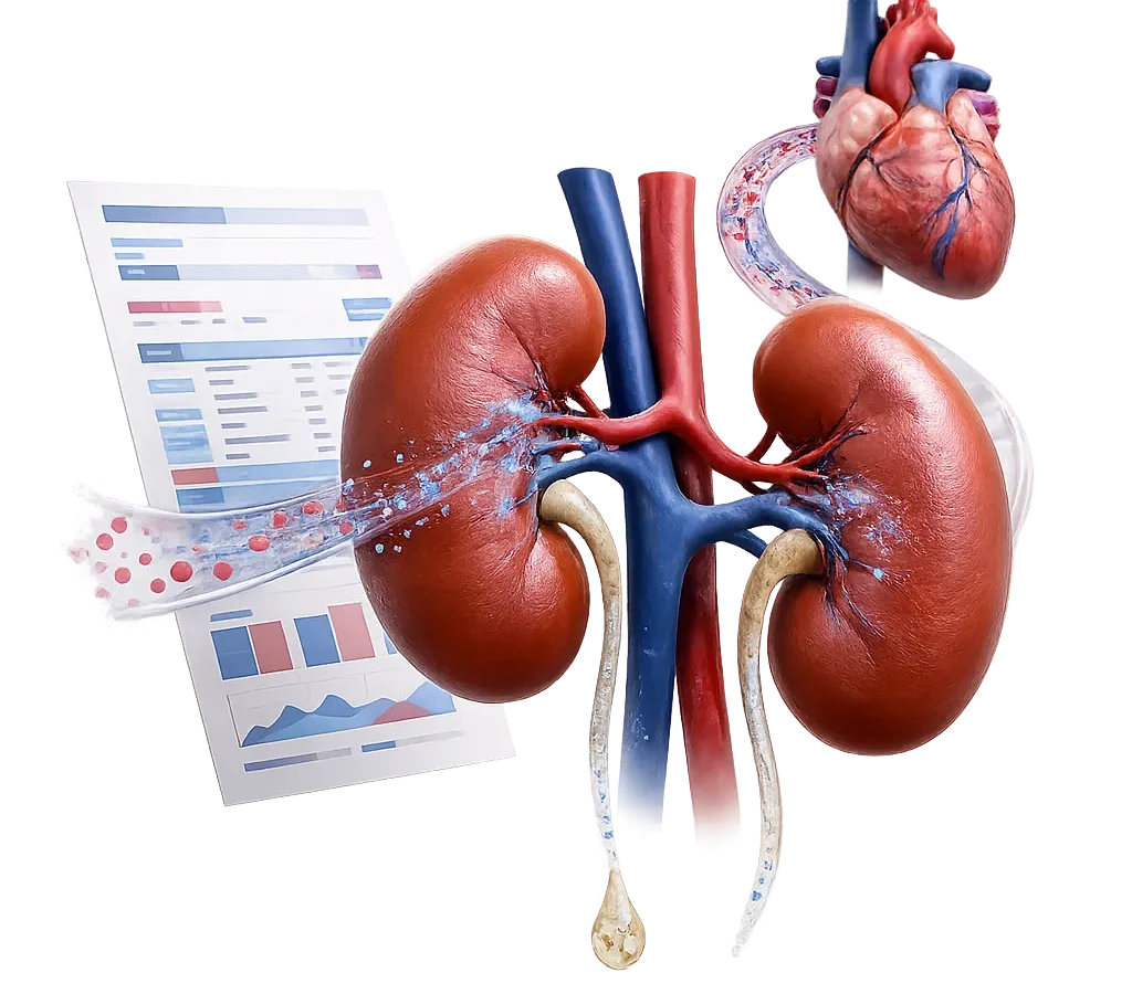 Ilustrasi medis tentang eGFR yang menampilkan ginjal, laporan hasil laboratorium, alur filtrasi, dan hubungan fungsi ginjal dengan jantung.