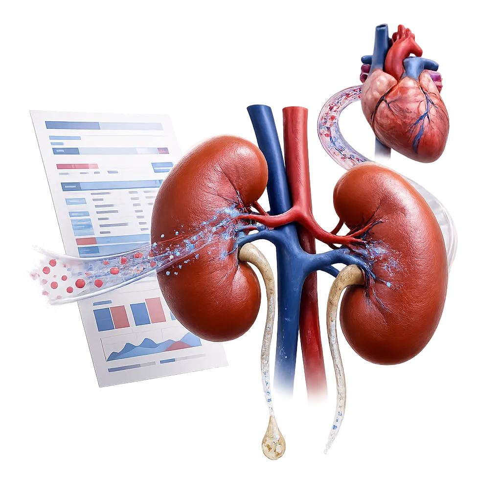 Ilustrasi medis tentang eGFR yang menampilkan ginjal, laporan hasil laboratorium, alur filtrasi, dan hubungan fungsi ginjal dengan jantung.