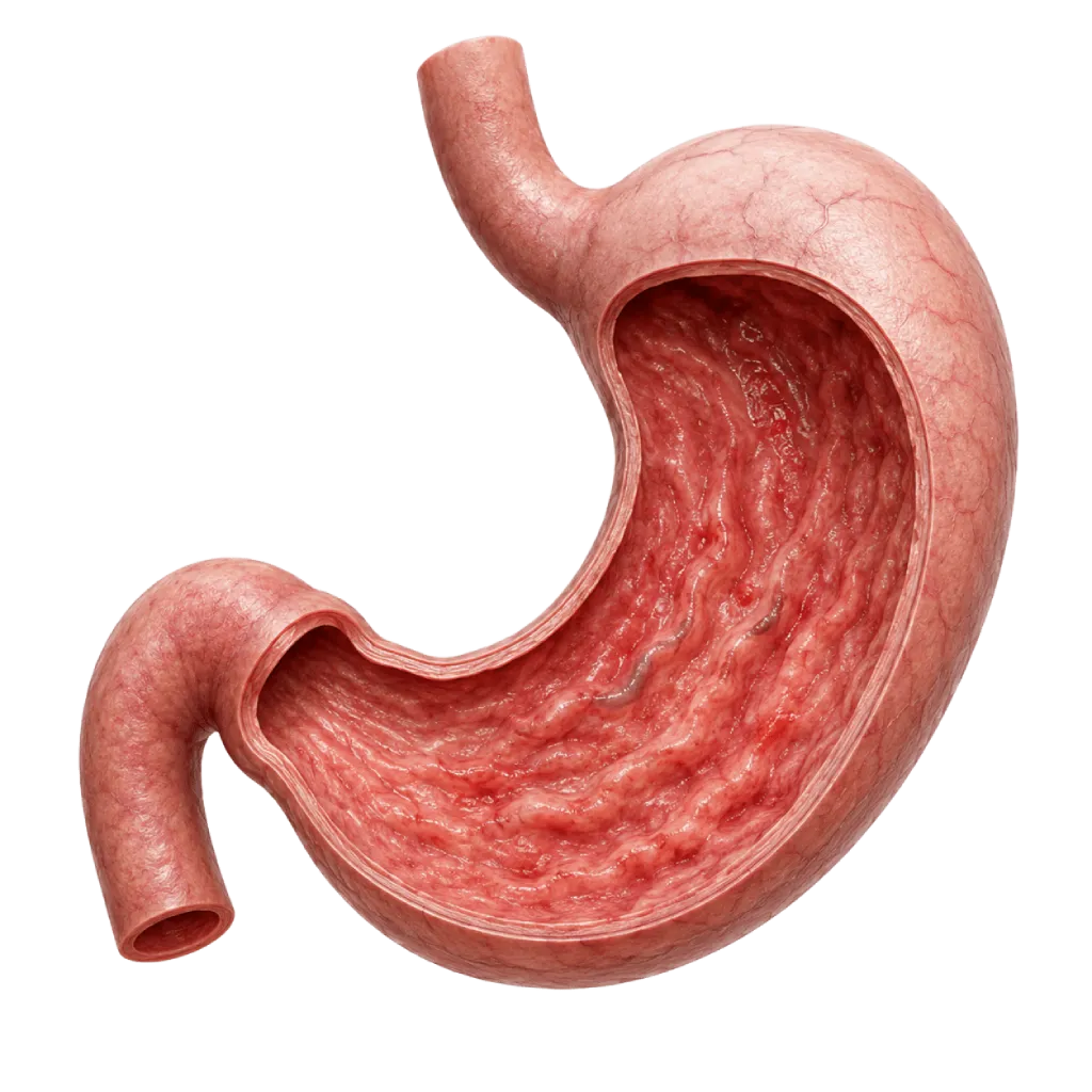 Ilustrasi medis 3D lambung dengan tampilan lapisan dalam yang mengalami peradangan ringan hingga sedang, menggambarkan gastritis kronis secara edukatif untuk artikel kesehatan Heartology.