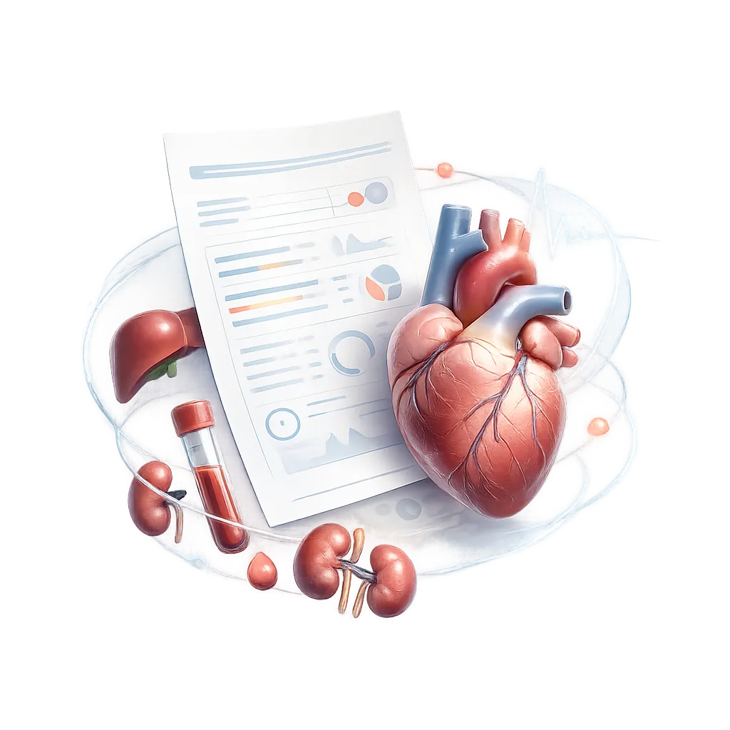 Ilustrasi laporan medical check up dengan anatomi jantung, hati, ginjal, sampel darah, grafik pemeriksaan, dan gelombang EKG.