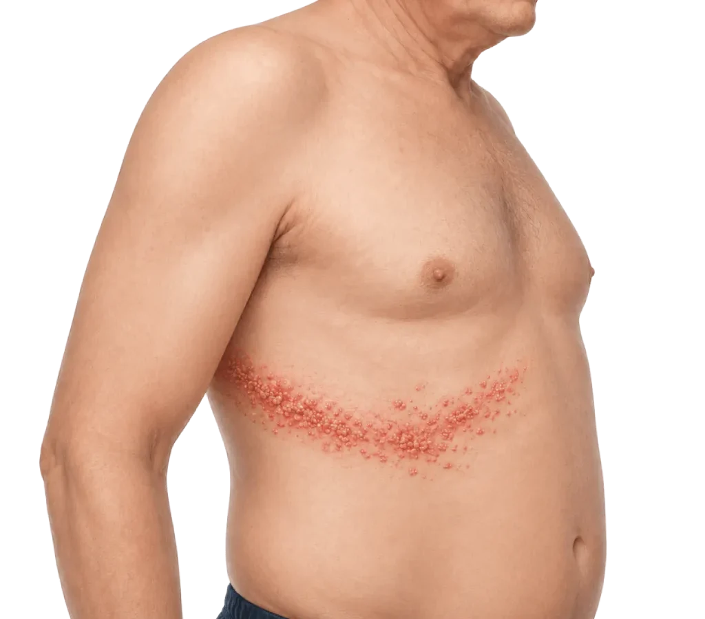 Ilustrasi medis pria dewasa dengan ruam herpes zoster atau cacar ular pada satu sisi torso, menampilkan pola ruam berbentuk jalur di area dada dan perut samping secara non-grafis.