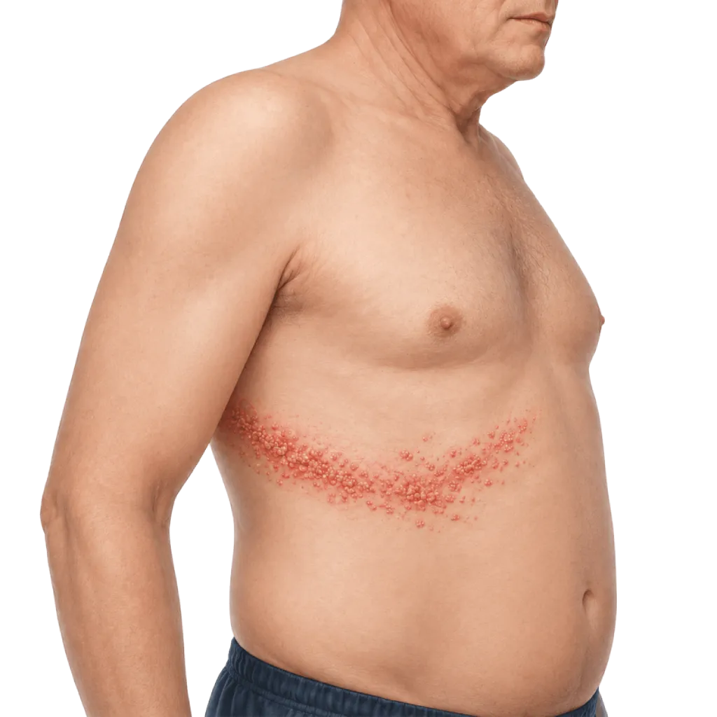 Ilustrasi medis pria dewasa dengan ruam herpes zoster atau cacar ular pada satu sisi torso, menampilkan pola ruam berbentuk jalur di area dada dan perut samping secara non-grafis.