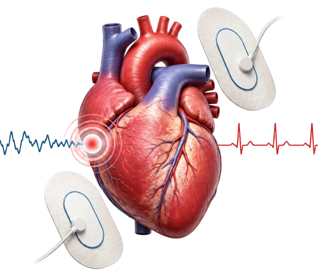 Ilustrasi medis 3D jantung dengan dua pad kardioversi adhesif dan gelombang EKG yang berubah dari irama tidak teratur menjadi lebih terorganisasi.