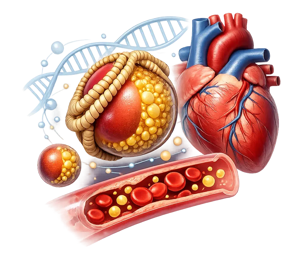 Ilustrasi medis Lipoprotein(a) dengan partikel Lp(a), partikel LDL, jantung anatomis, pembuluh darah, dan DNA sebagai simbol pengaruh genetik terhadap risiko jantung.