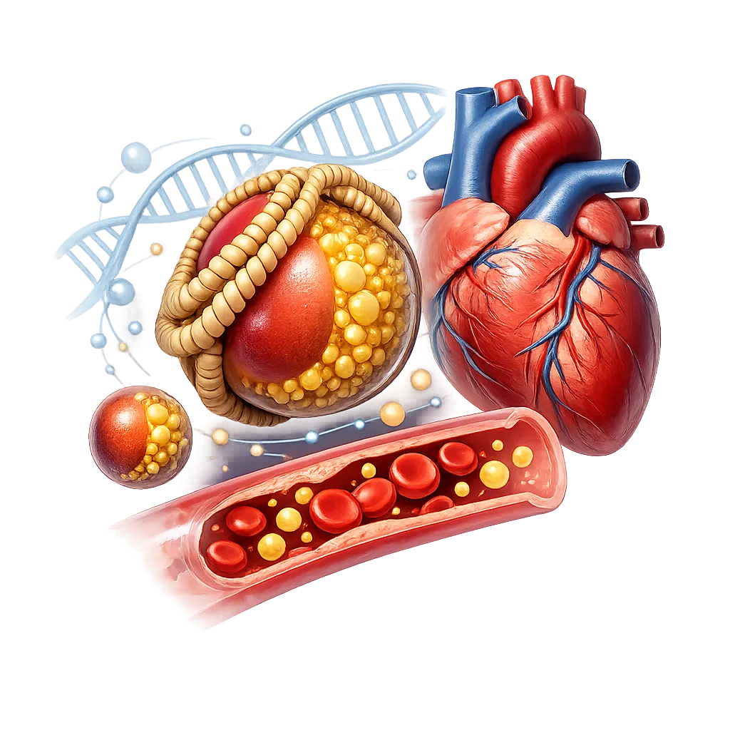 Ilustrasi medis Lipoprotein(a) dengan partikel Lp(a), partikel LDL, jantung anatomis, pembuluh darah, dan DNA sebagai simbol pengaruh genetik terhadap risiko jantung.