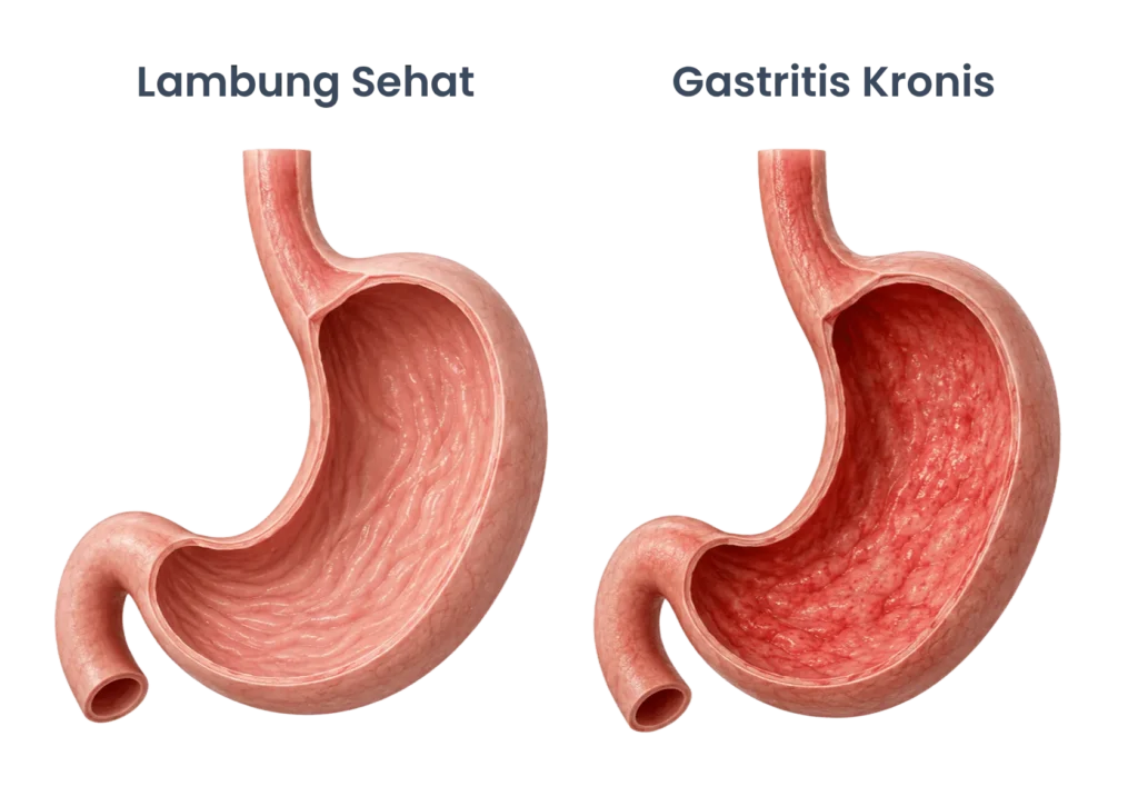 Ilustrasi medis 3D perbandingan lambung sehat dan gastritis kronis, menampilkan lambung sehat dengan mukosa normal serta lambung gastritis kronis dengan lapisan mukosa merah dan meradang.
