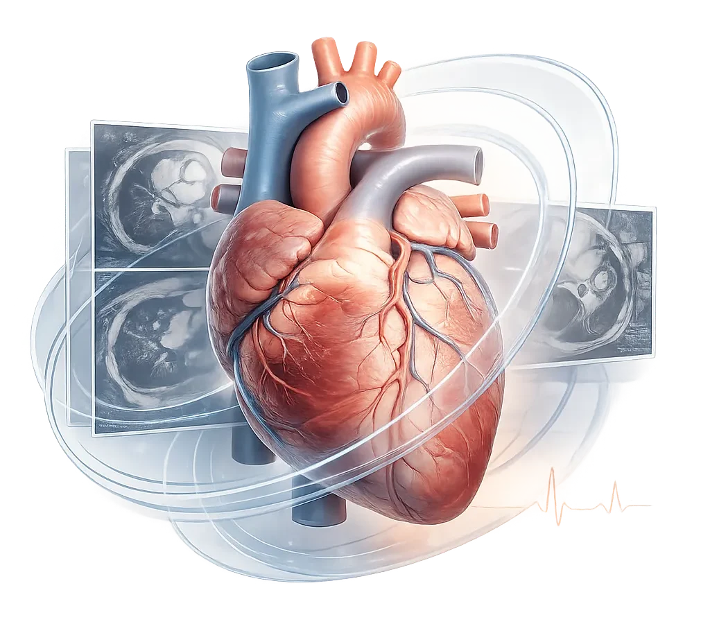 Ilustrasi medis anatomi jantung dengan irisan MRI kardiak, bidang pencitraan, dan cincin resonansi magnetik.