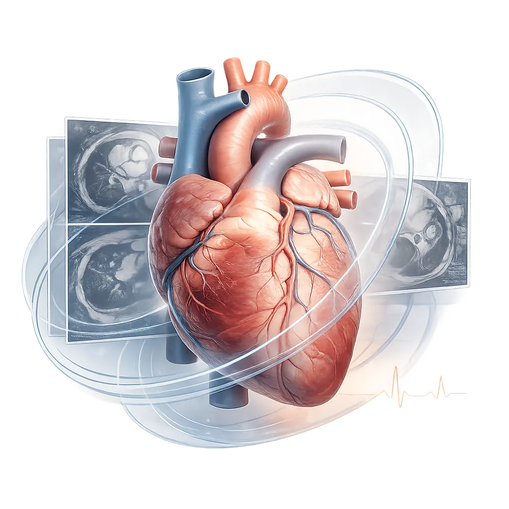 Ilustrasi medis anatomi jantung dengan irisan MRI kardiak, bidang pencitraan, dan cincin resonansi magnetik.