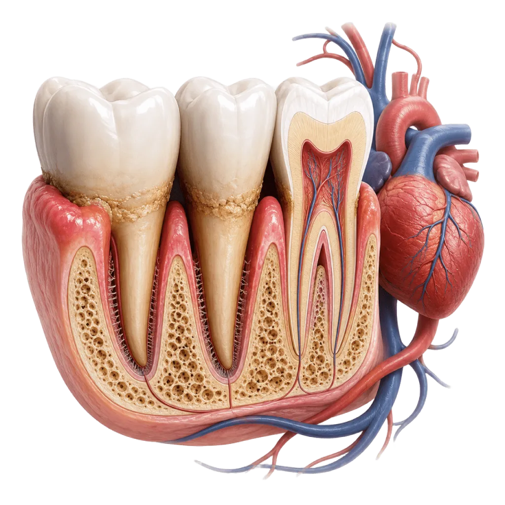 Ilustrasi medis anatomi gigi dan gusi dengan periodontitis ringan hingga sedang, menampilkan kantung gusi, plak atau karang gigi, penurunan jaringan penyangga, serta elemen jantung sebagai konteks hubungan kesehatan gusi dan kesehatan kardiovaskular.