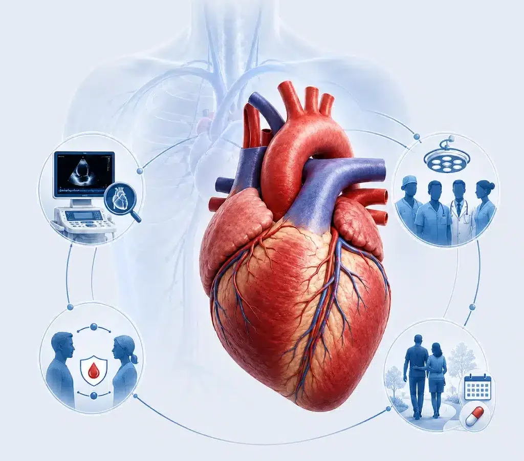 Ilustrasi anatomi jantung dengan simbol evaluasi kardiovaskular, pencocokan donor, tim multidisiplin, serta pemulihan dan kontrol setelah transplantasi jantung.