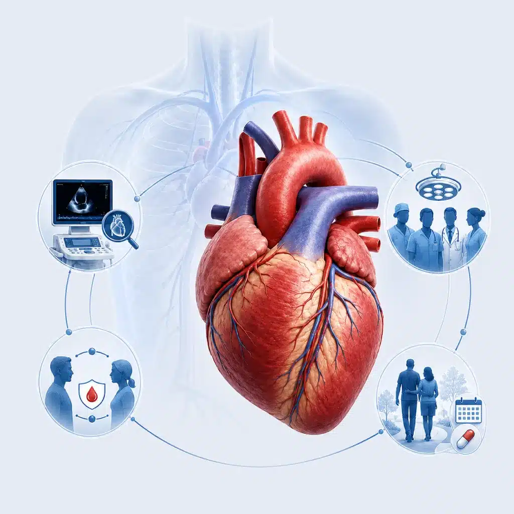 Ilustrasi anatomi jantung dengan simbol evaluasi kardiovaskular, pencocokan donor, tim multidisiplin, serta pemulihan dan kontrol setelah transplantasi jantung.