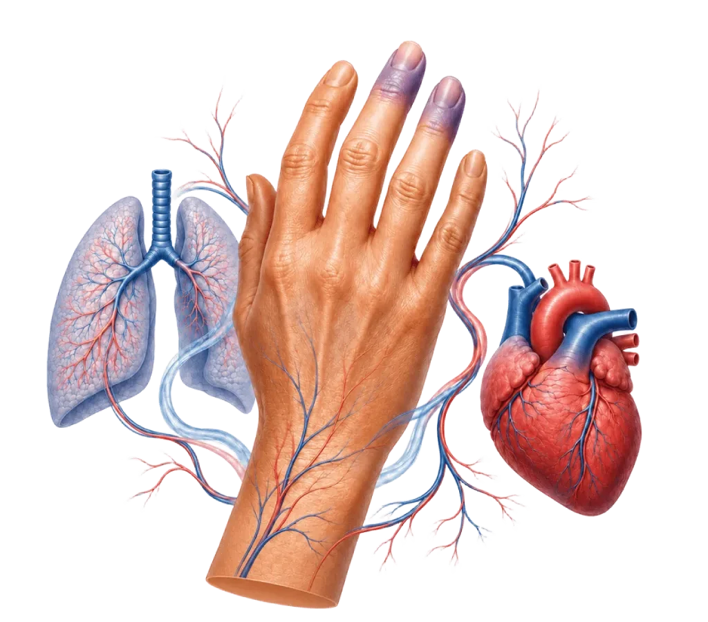 Ilustrasi medis tangan dengan tanda ringan skleroderma sistemik, terhubung dengan pembuluh darah, paru, dan jantung untuk menggambarkan pentingnya pemantauan organ pada kondisi skleroderma.
