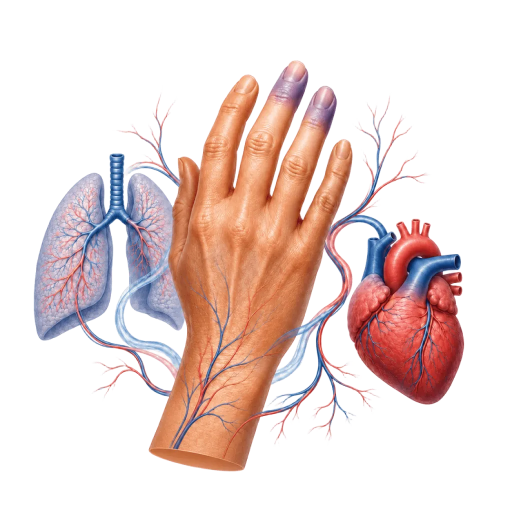 Ilustrasi medis tangan dengan tanda ringan skleroderma sistemik, terhubung dengan pembuluh darah, paru, dan jantung untuk menggambarkan pentingnya pemantauan organ pada kondisi skleroderma.