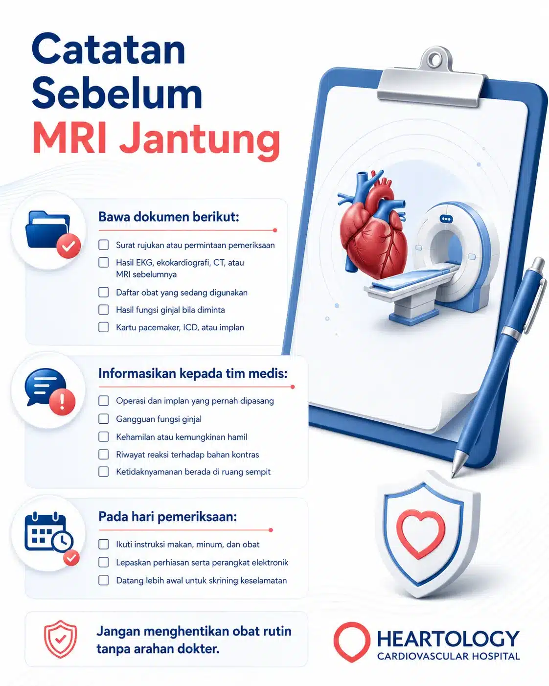 Infografik persiapan sebelum MRI jantung yang menjelaskan dokumen yang harus dibawa, informasi penting untuk tim medis, dan langkah yang perlu dilakukan pada hari pemeriksaan.