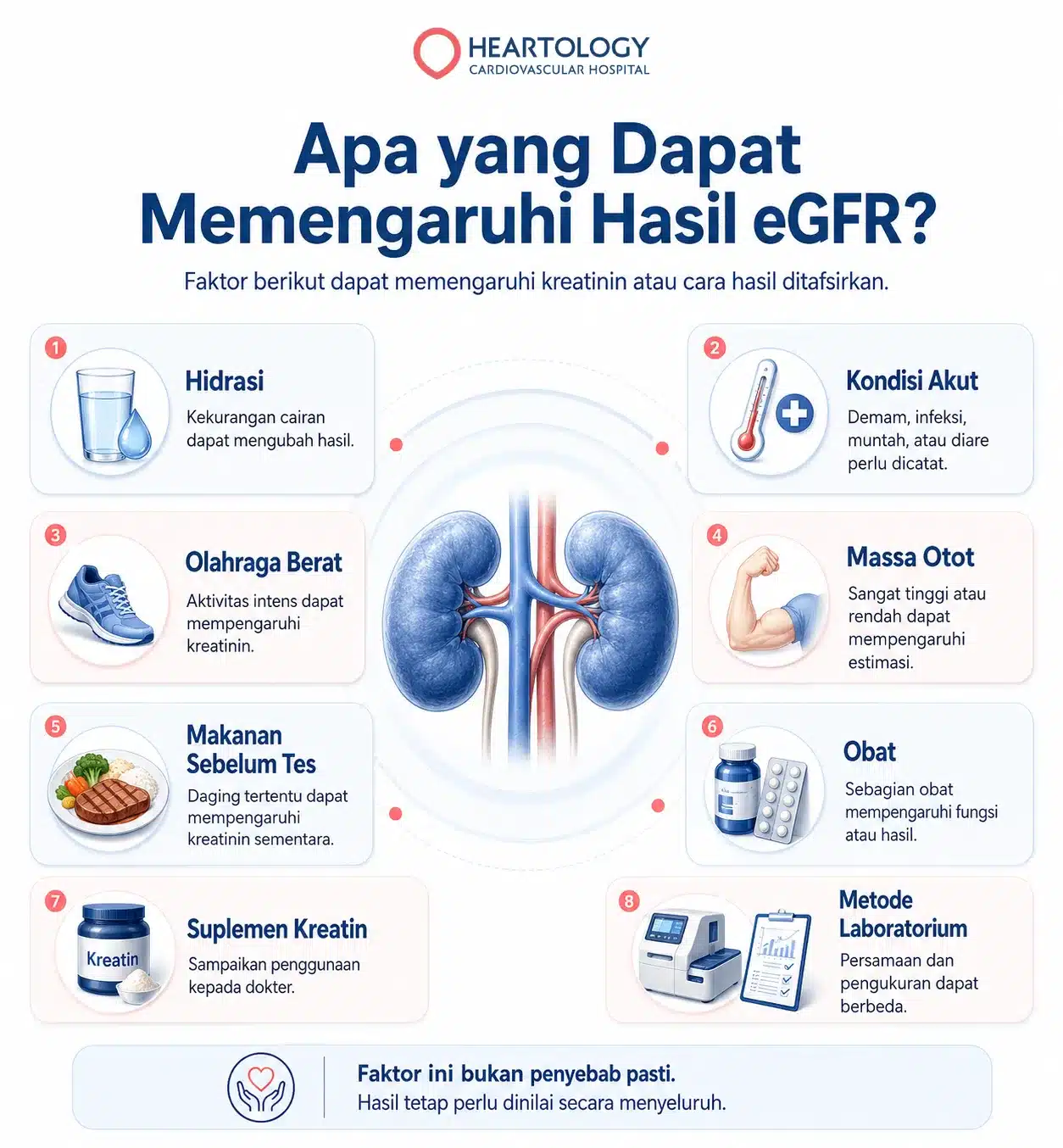 Infografik tentang faktor yang dapat memengaruhi hasil eGFR, meliputi hidrasi, kondisi akut, olahraga berat, massa otot, makanan sebelum tes, obat, suplemen kreatin, dan metode laboratorium.