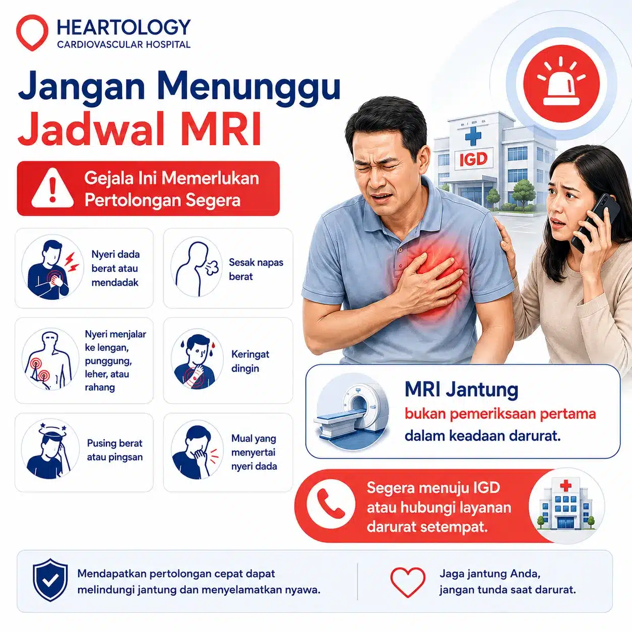 Infografik gejala darurat jantung yang memerlukan pertolongan segera dan anjuran menuju IGD tanpa menunggu jadwal MRI jantung.