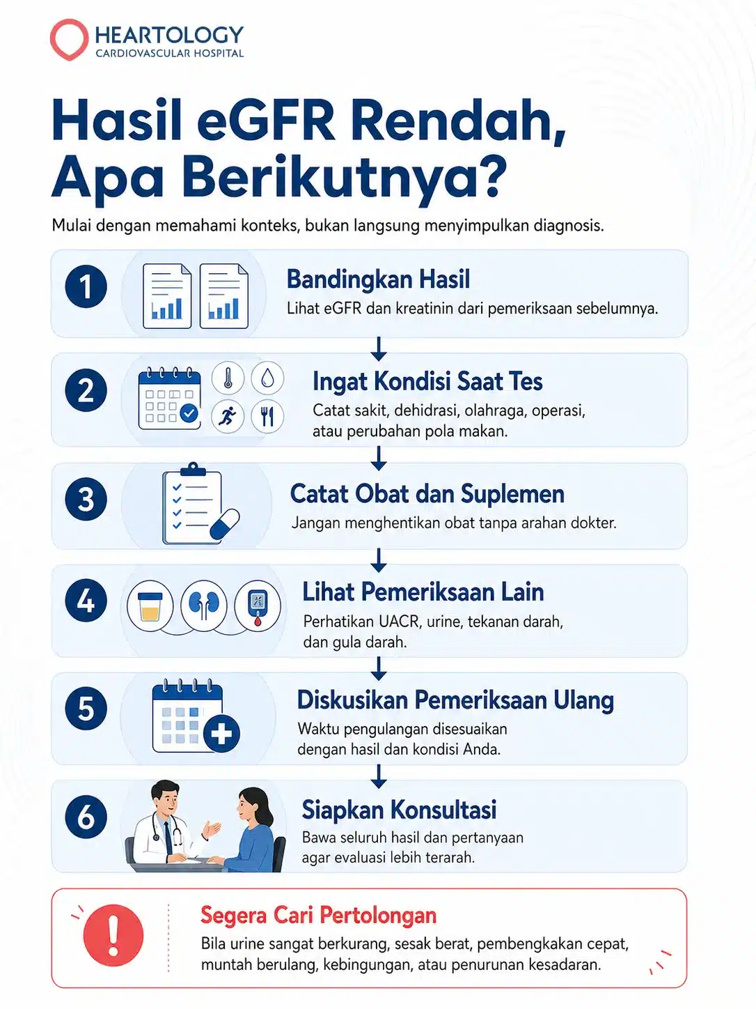 Infografik Heartology tentang langkah setelah hasil eGFR rendah, termasuk membandingkan hasil, mencatat kondisi saat tes, meninjau obat dan suplemen, melihat pemeriksaan lain, pemeriksaan ulang, dan persiapan konsultasi.