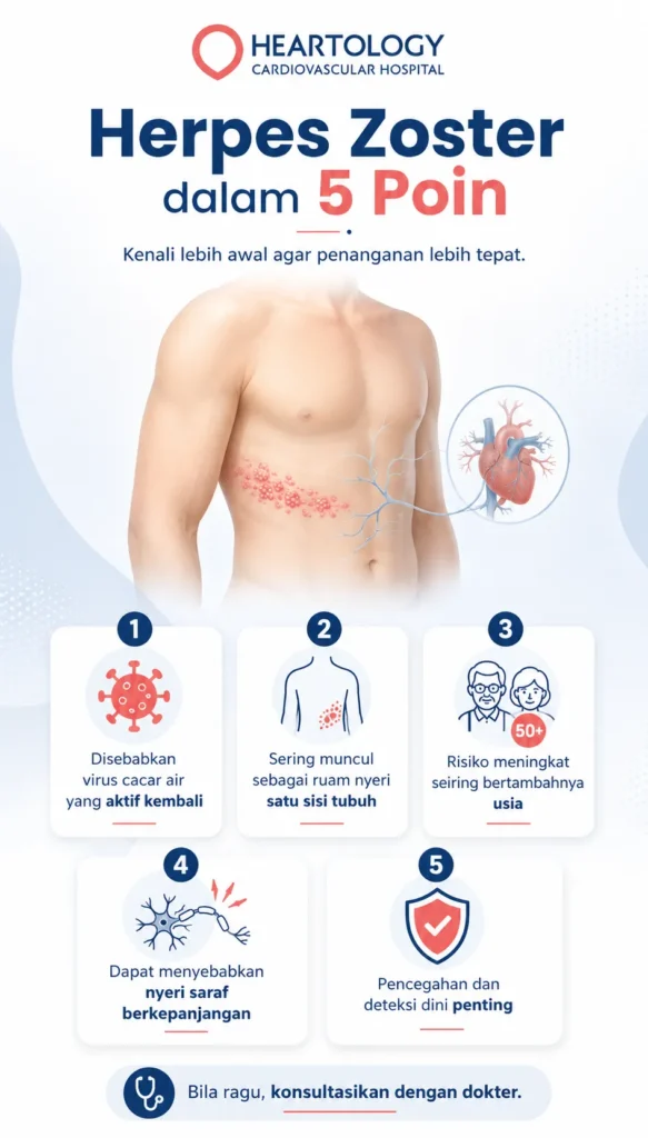 Infografis medis Heartology berjudul “Herpes Zoster dalam 5 Poin” yang menjelaskan penyebab herpes zoster, ruam nyeri satu sisi tubuh, risiko pada usia lanjut, nyeri saraf berkepanjangan, serta pentingnya pencegahan dan deteksi dini.