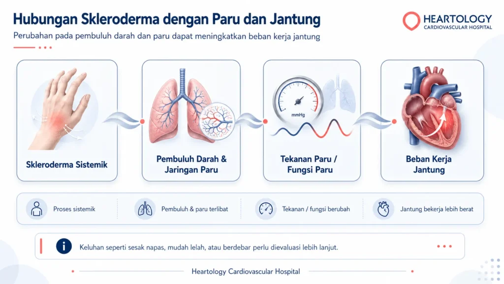 Infografis medis Heartology berjudul “Hubungan Skleroderma dengan Paru dan Jantung” yang menunjukkan alur skleroderma sistemik, keterlibatan pembuluh darah dan jaringan paru, perubahan tekanan atau fungsi paru, hingga beban kerja jantung yang perlu dievaluasi bila muncul sesak napas, mudah lelah, atau berdebar.