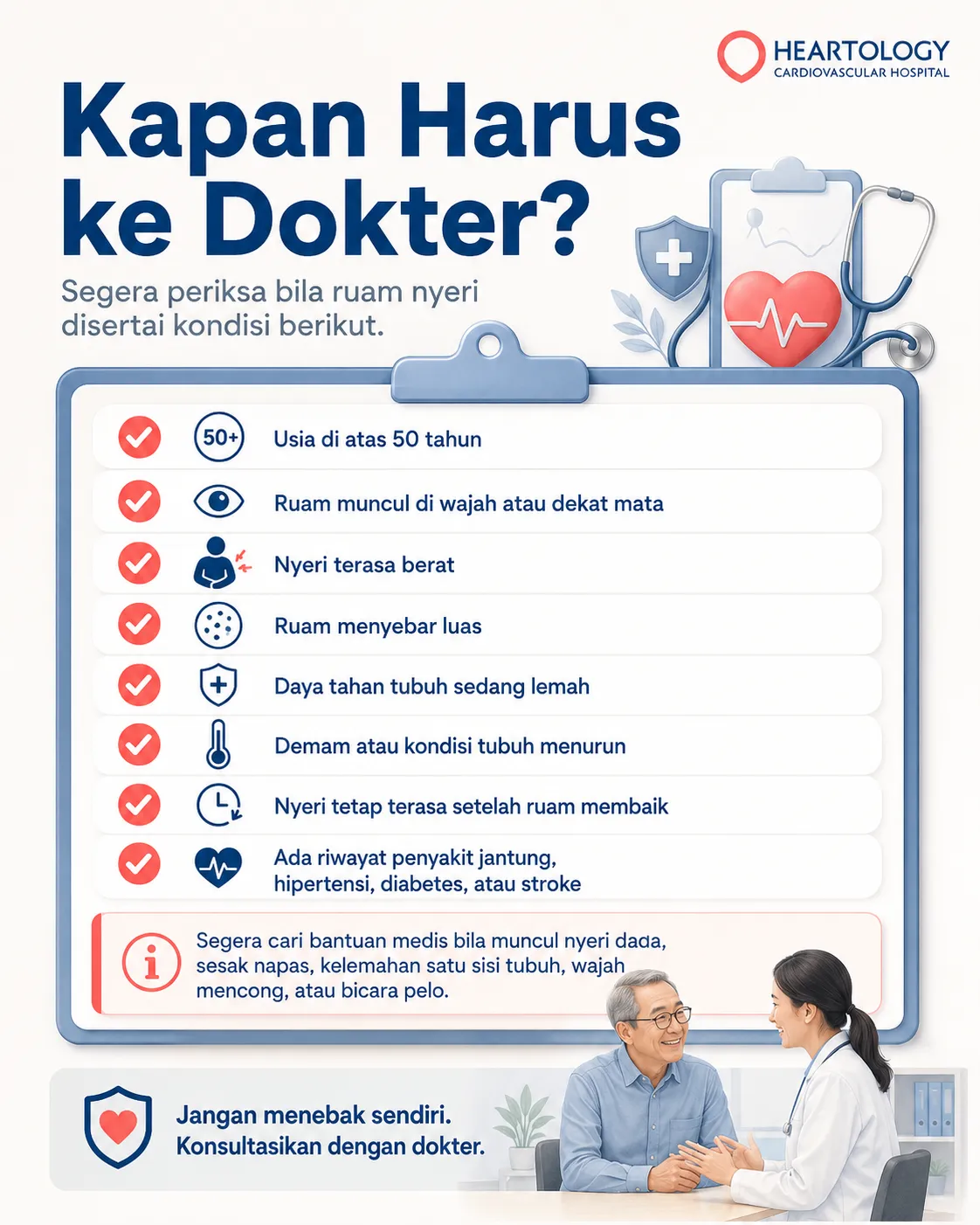 Infografis medis Heartology berjudul “Kapan Harus ke Dokter?” yang menampilkan checklist kondisi saat ruam nyeri herpes zoster perlu diperiksa dokter, termasuk usia di atas 50 tahun, ruam dekat mata, nyeri berat, daya tahan tubuh lemah, demam, nyeri menetap, dan riwayat penyakit jantung, hipertensi, diabetes, atau stroke.