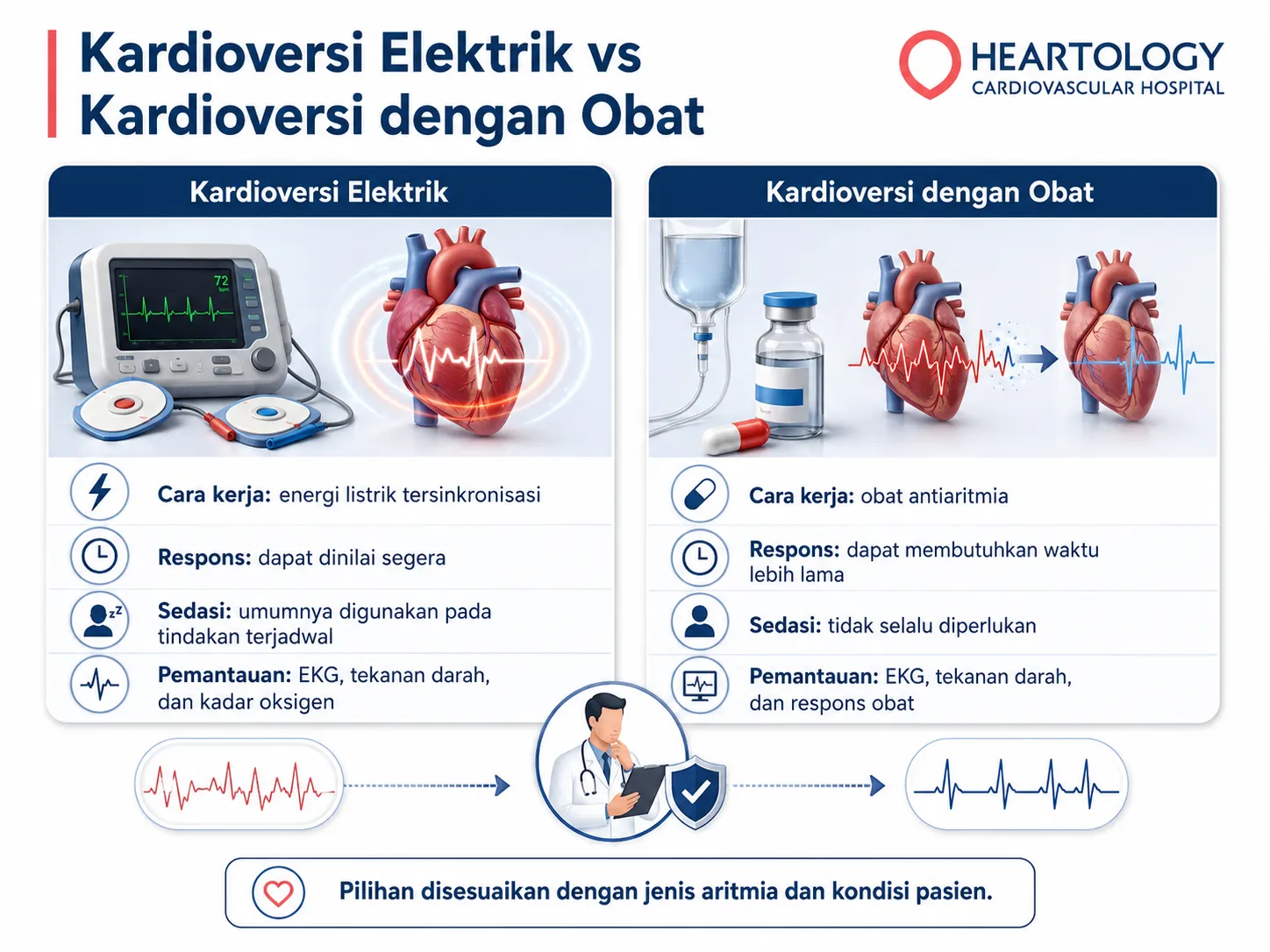 Infografik medis Heartology Cardiovascular Hospital tentang perbandingan kardioversi elektrik vs kardioversi dengan obat, mencakup cara kerja, respons, sedasi, dan pemantauan pada pasien aritmia.