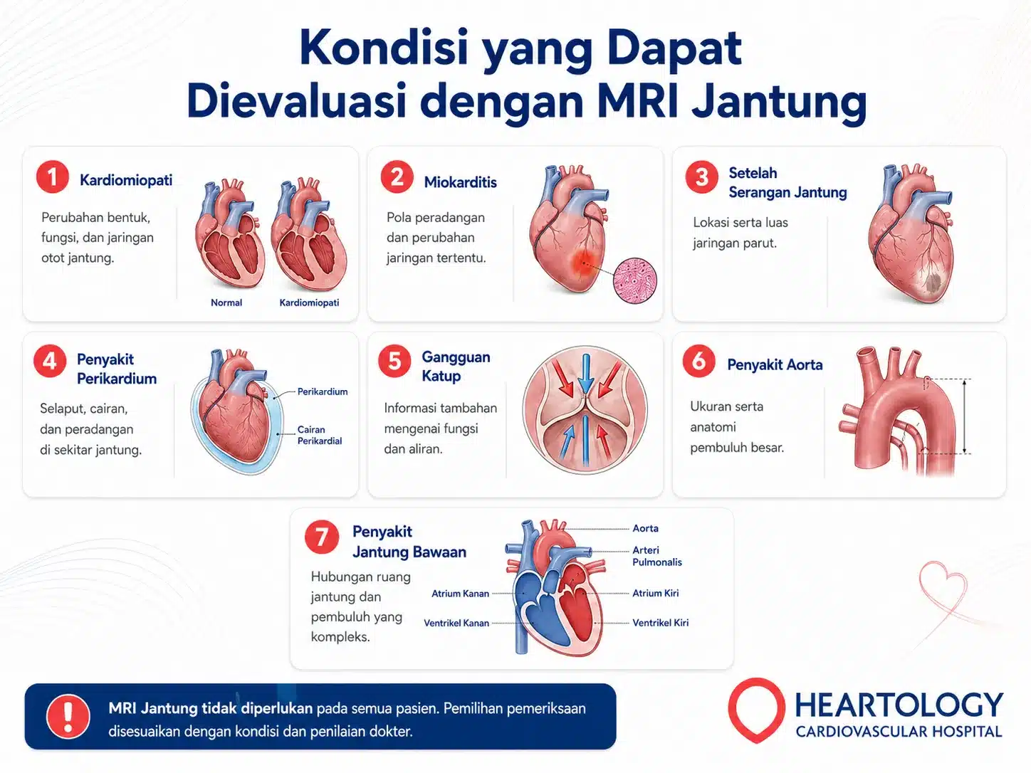 Infografik Heartology tentang kondisi yang dapat dievaluasi dengan MRI jantung, termasuk kardiomiopati, miokarditis, bekas serangan jantung, penyakit perikardium, gangguan katup, penyakit aorta, dan penyakit jantung bawaan.