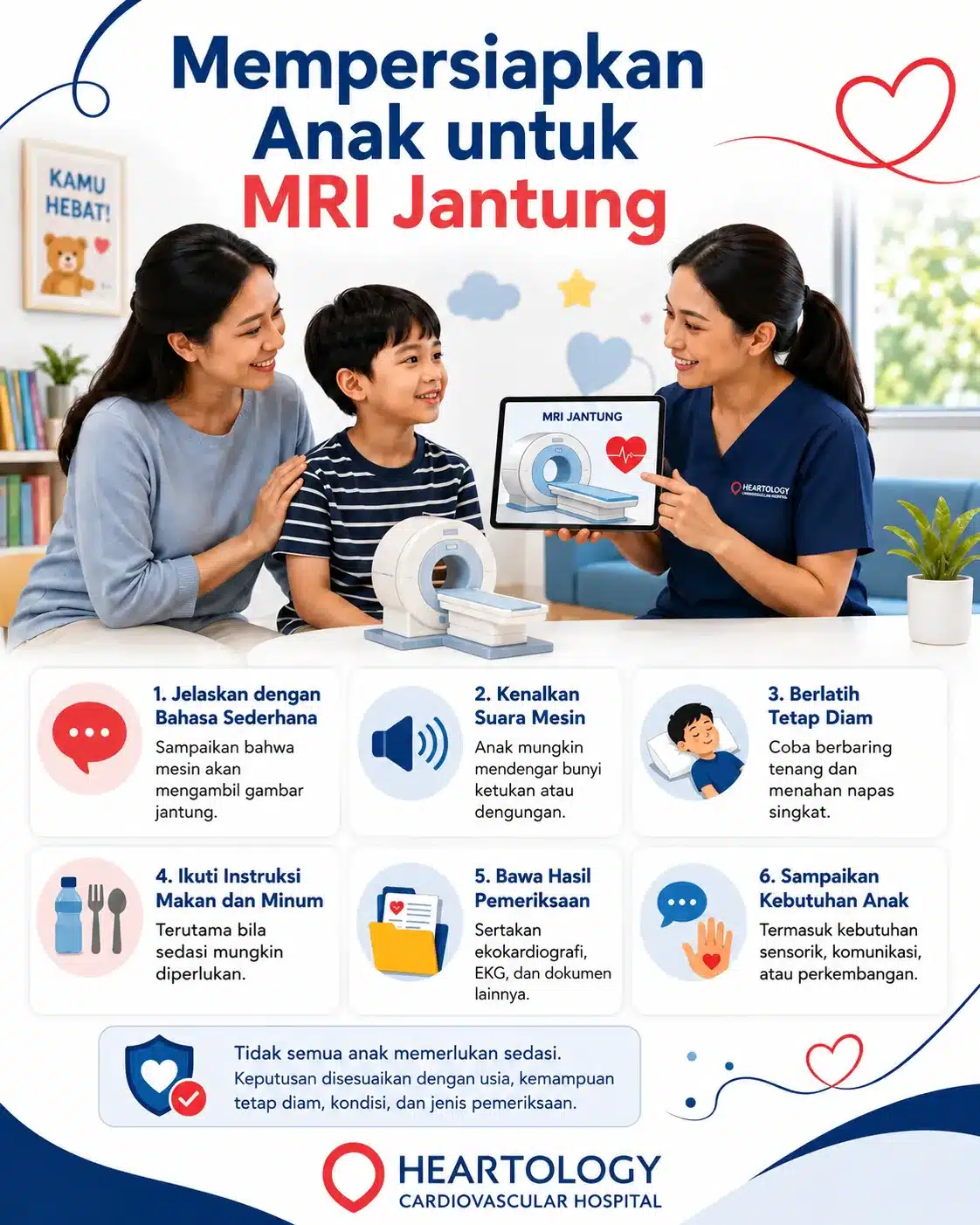 Infografik persiapan anak untuk MRI jantung bersama orang tua dan tenaga medis, berisi langkah-langkah seperti menjelaskan prosedur, mengenalkan suara mesin, berlatih diam, mengikuti instruksi makan minum, membawa hasil pemeriksaan, dan menyampaikan kebutuhan anak.