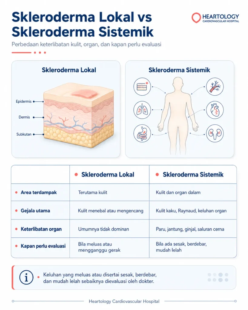 Infografik medis Heartology tentang perbedaan skleroderma lokal dan skleroderma sistemik, menampilkan perbandingan area terdampak, gejala utama, keterlibatan organ dalam seperti paru, jantung, ginjal, dan saluran cerna, serta tanda kapan pasien perlu evaluasi dokter.