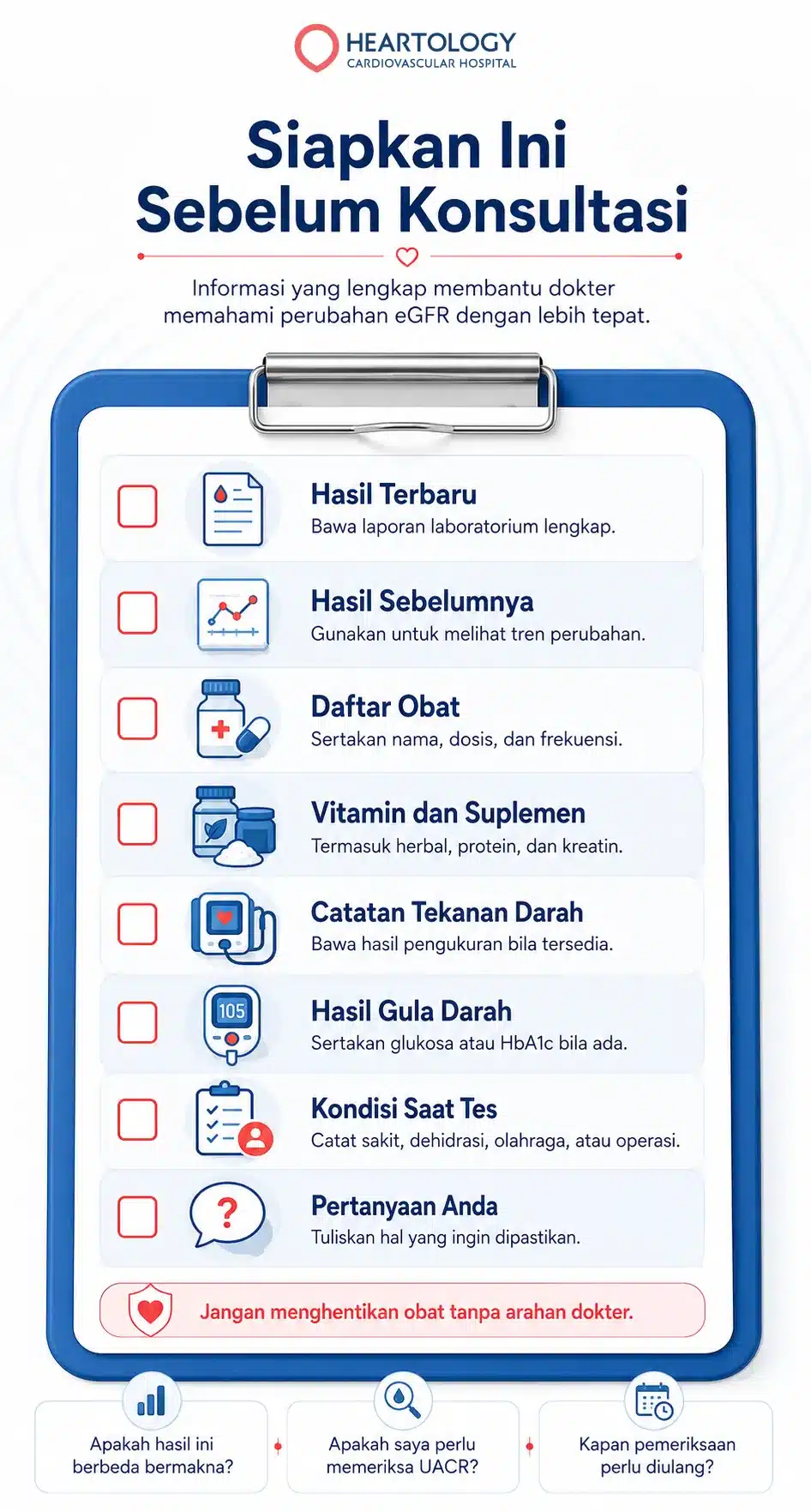 Infografik checklist sebelum konsultasi eGFR yang memuat hasil terbaru, hasil sebelumnya, daftar obat, vitamin dan suplemen, catatan tekanan darah, hasil gula darah, kondisi saat tes, dan pertanyaan untuk dokter.