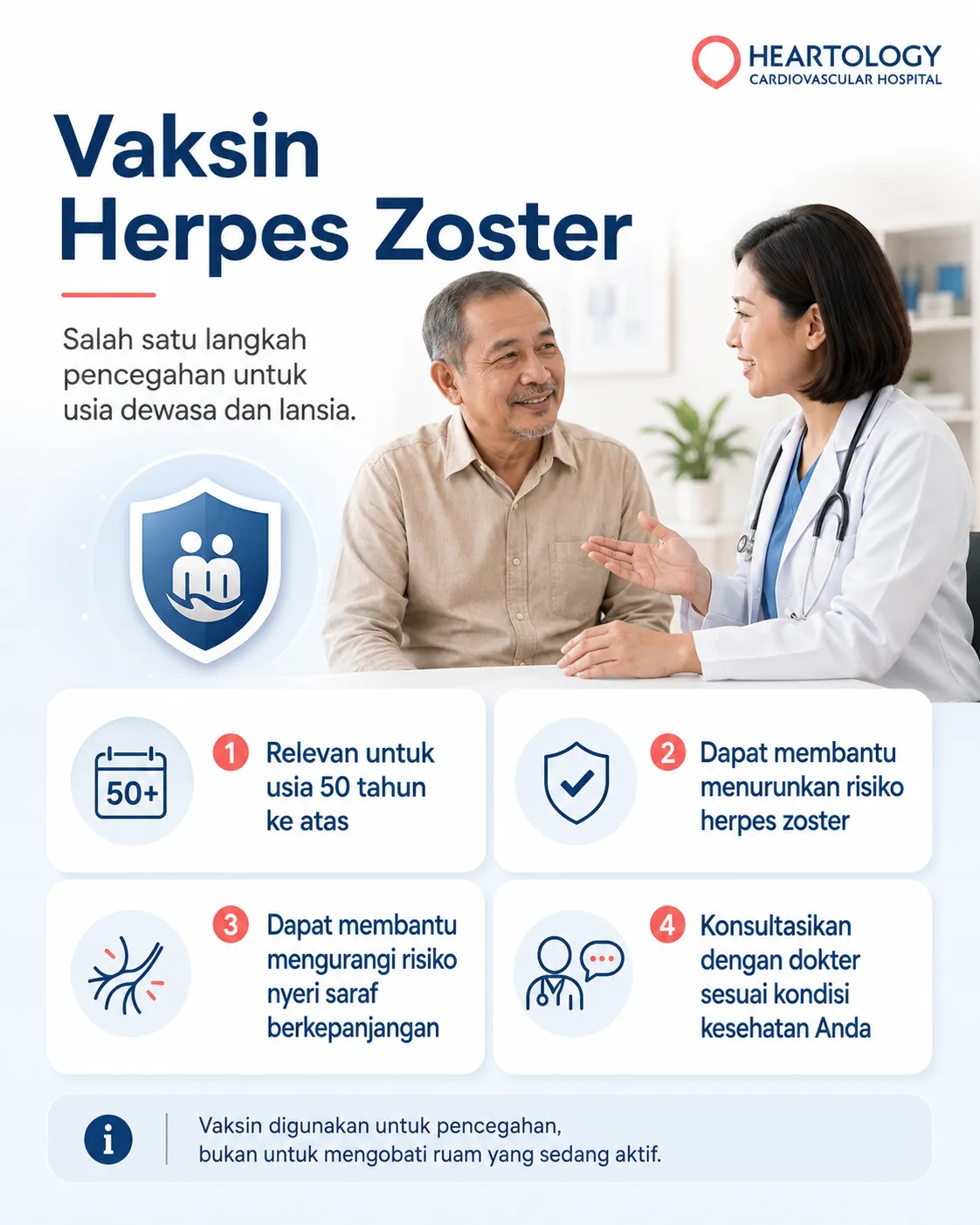 Infografis medis Heartology berjudul “Vaksin Herpes Zoster” yang menjelaskan vaksin herpes zoster sebagai langkah pencegahan untuk usia dewasa dan lansia, termasuk usia 50 tahun ke atas, penurunan risiko herpes zoster, risiko nyeri saraf berkepanjangan, dan pentingnya konsultasi dokter.