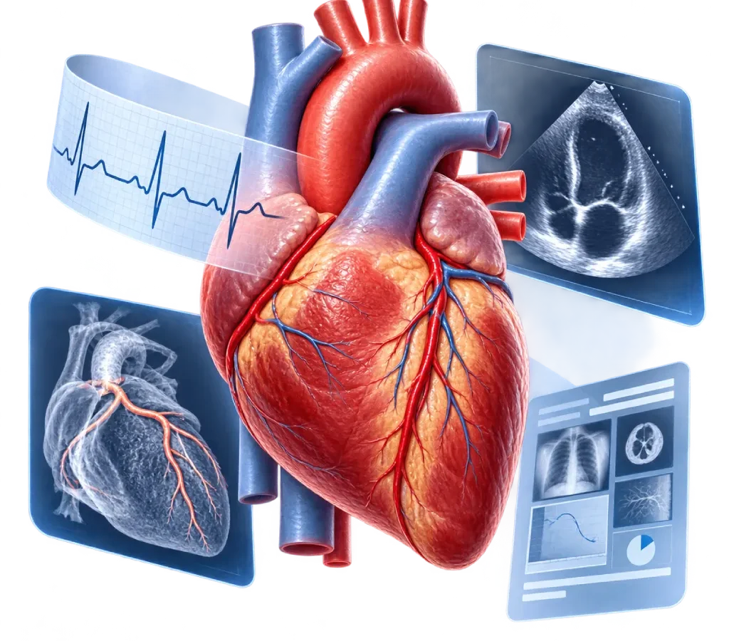 Ilustrasi anatomis jantung dengan elemen EKG, ekokardiografi, CT atau angiografi, dan hasil pemeriksaan medis yang menggambarkan pentingnya menilai berbagai informasi diagnostik bersama saat memahami diagnosis penyakit jantung.
