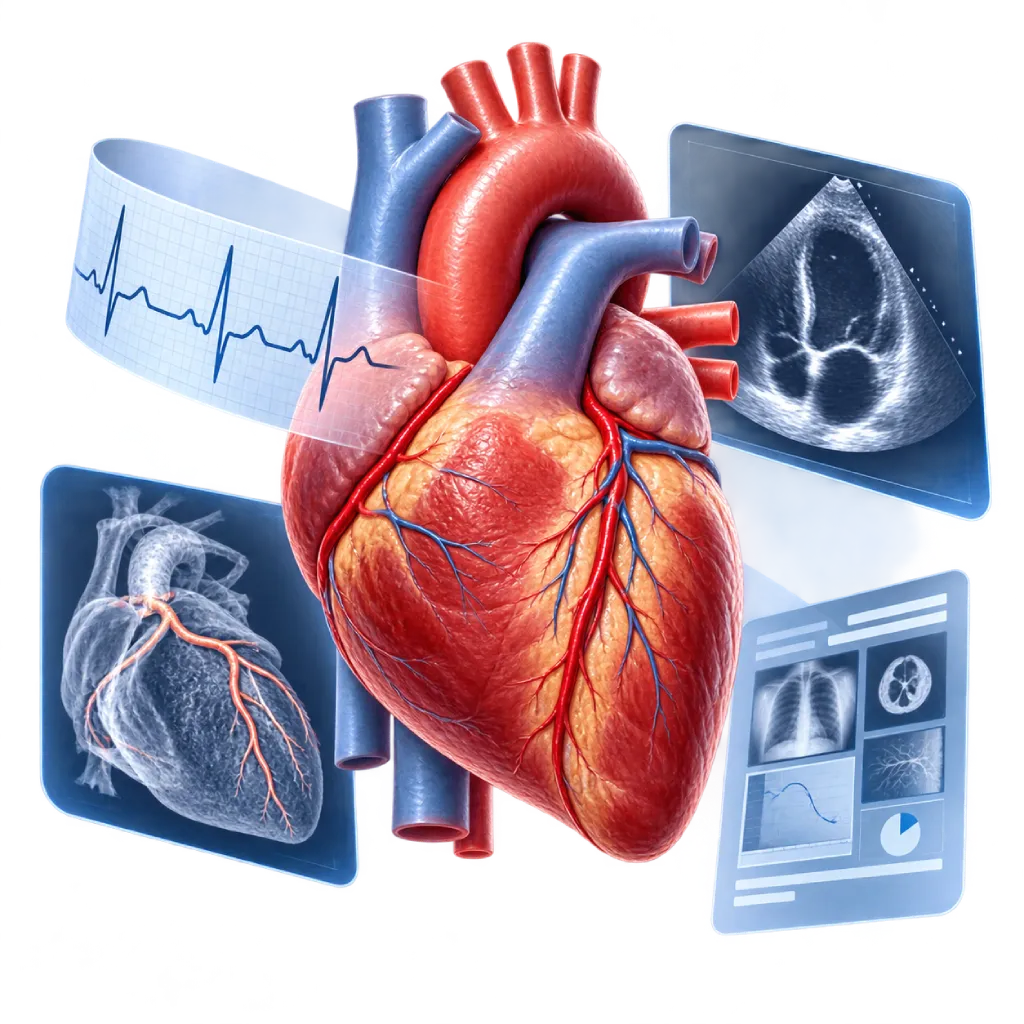 Ilustrasi anatomis jantung dengan elemen EKG, ekokardiografi, CT atau angiografi, dan hasil pemeriksaan medis yang menggambarkan pentingnya menilai berbagai informasi diagnostik bersama saat memahami diagnosis penyakit jantung.