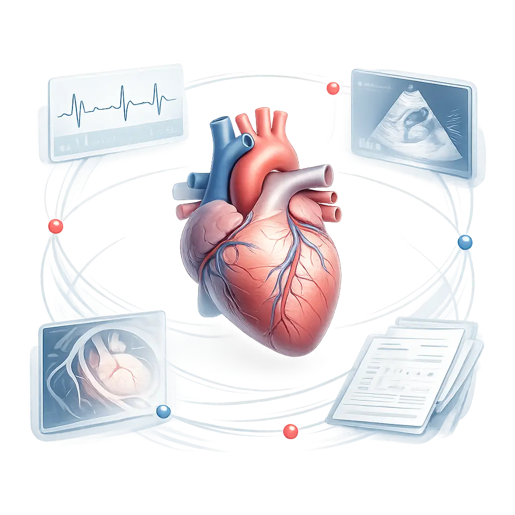 Ilustrasi jantung anatomis di tengah dengan empat elemen pemeriksaan berupa EKG, ekokardiografi, pencitraan koroner, dan laporan medis yang menggambarkan proses evaluasi terpadu untuk memperjelas diagnosis penyakit jantung.
